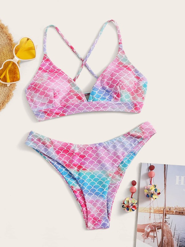 

Snakeskin Criss Cross Top With High Cut Bikini Set, Multicolor