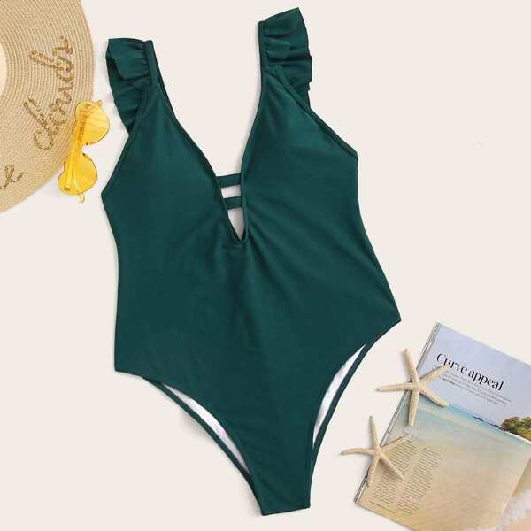 

Plus Plunge Neck Frill Trim One Piece Swimwear, Green