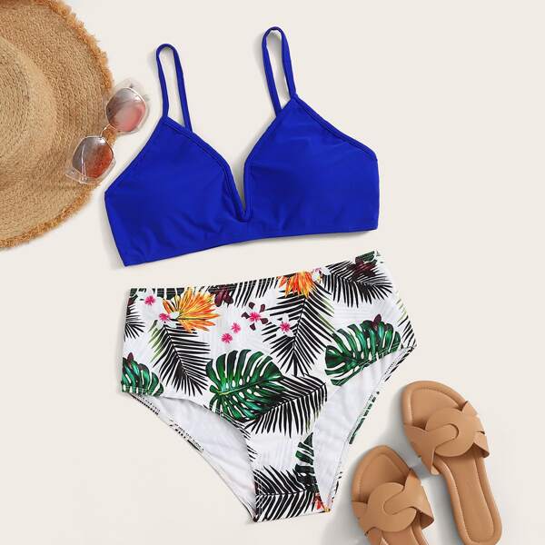

Spaghetti Strap Top With Tropical Bikini Set