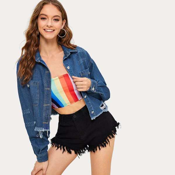 

Single Breasted Ripped Raw Hem Denim Jacket