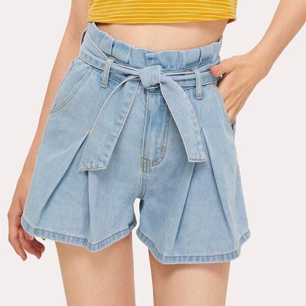 

Button Waist Belted Paperbag Denim Shorts