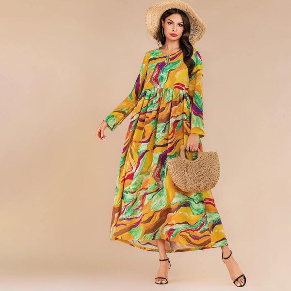 

Graphic Print Keyhole Front Hidden Pocket Dress, Multicolor