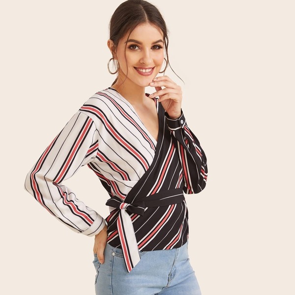 

Striped Surplice Front Belted Blouse
