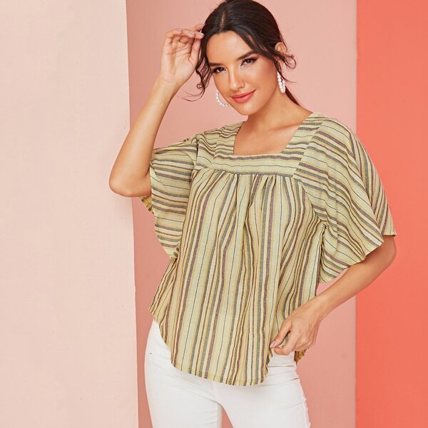 

Striped Curved Hem Square Neck Blouse, Multicolor