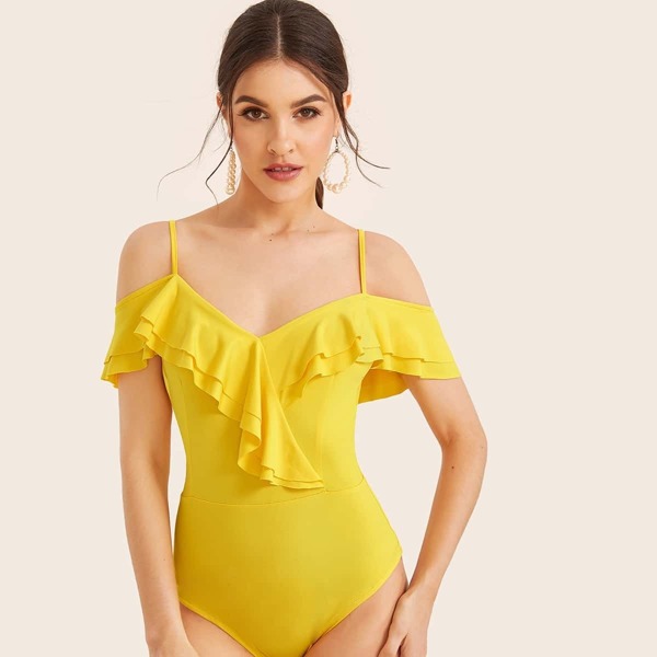 

Ruffle Trim Cold Shoulder Slip Bodysuit