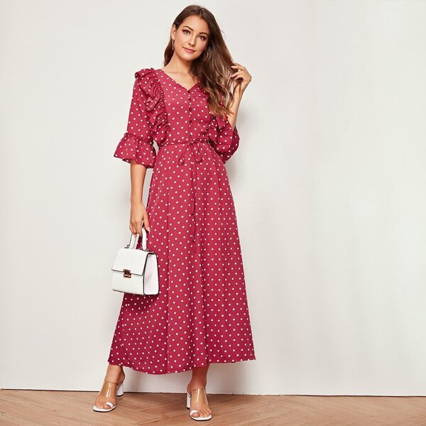 

Polka Dot Ruffle Trim Flounce Sleeve Dress