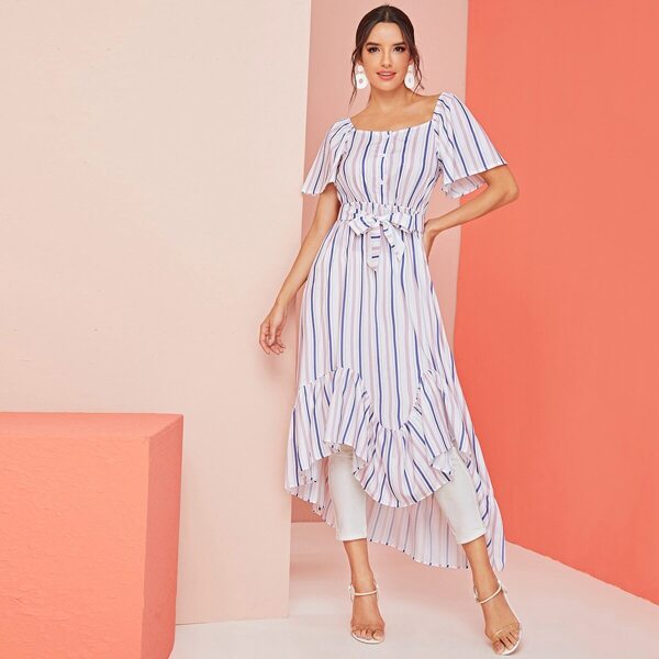 

Colorful Striped Asymmetrical Hem Knot Front Dress