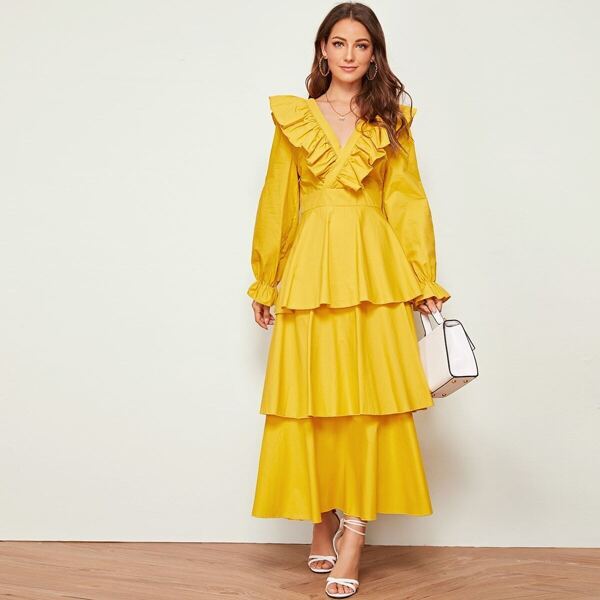 

Layered Ruffle Hem Tie Back V-Neck Dress