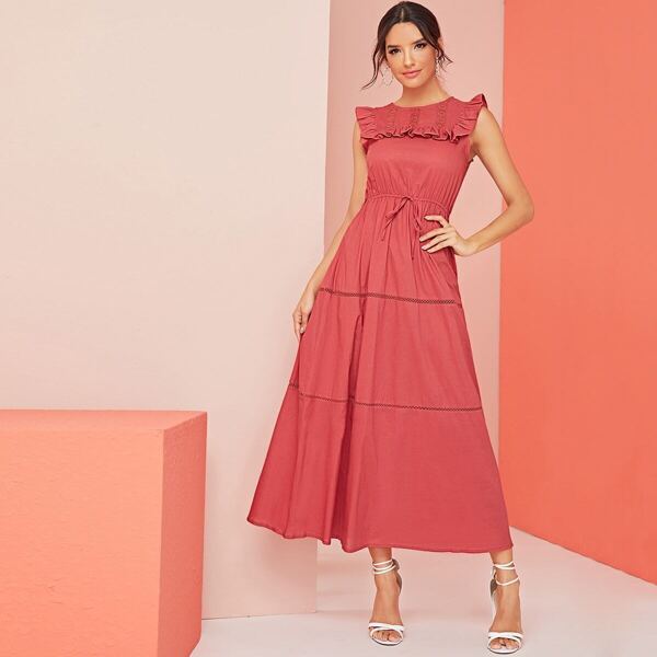 

Lace Contrast Ruffle Trim Drawstring Waist Dress, Red