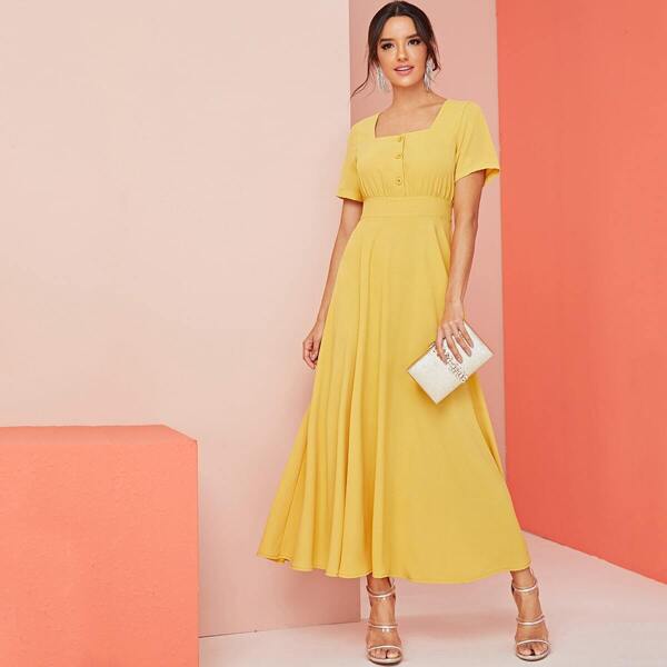 

Solid Button Front Square Neck Dress