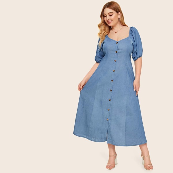 

Plus Button Front Puff Sleeve Denim Dress, Blue