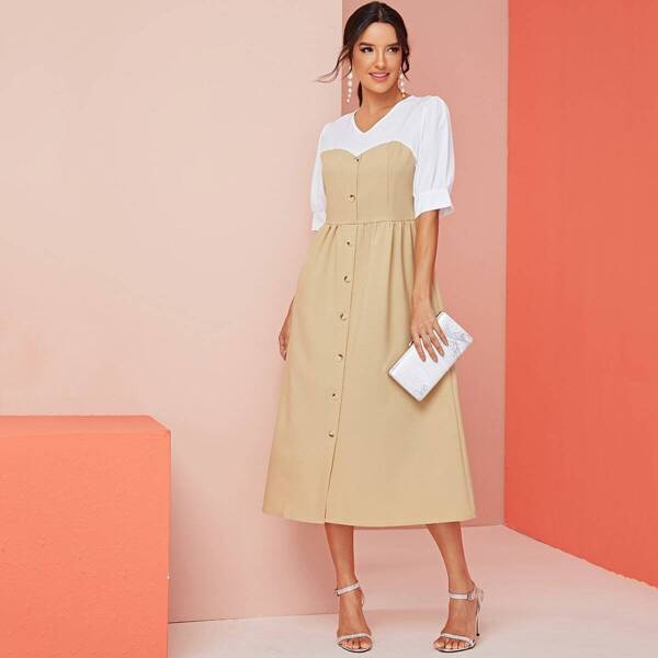 

Colorblock Button Front Zip Back Shirt Dress