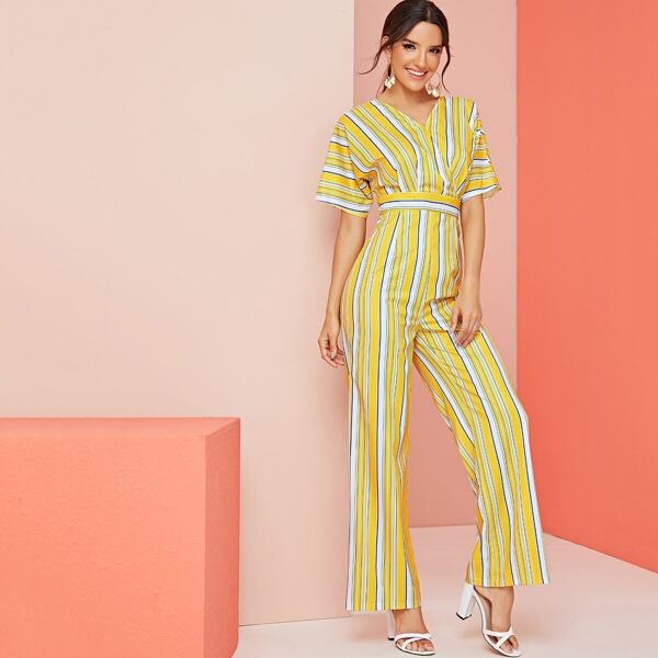 

Striped Tie Back V Neck Jumpsuit, Multicolor