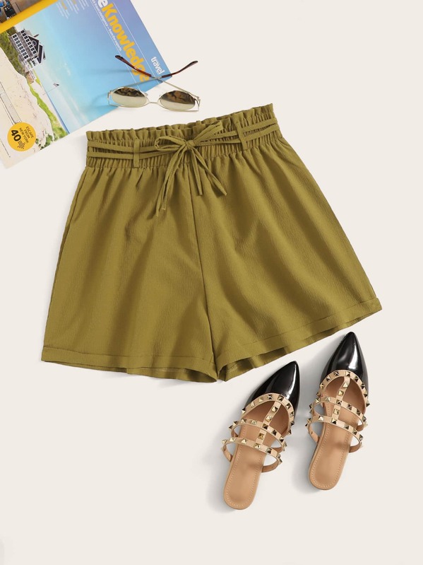 

Solid Elastic Waist Knot Front Shorts, Khaki