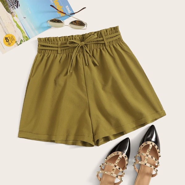 

Solid Elastic Waist Knot Front Shorts, Khaki