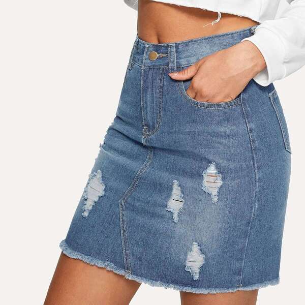 

Ripped Raw Hem Denim Skirts