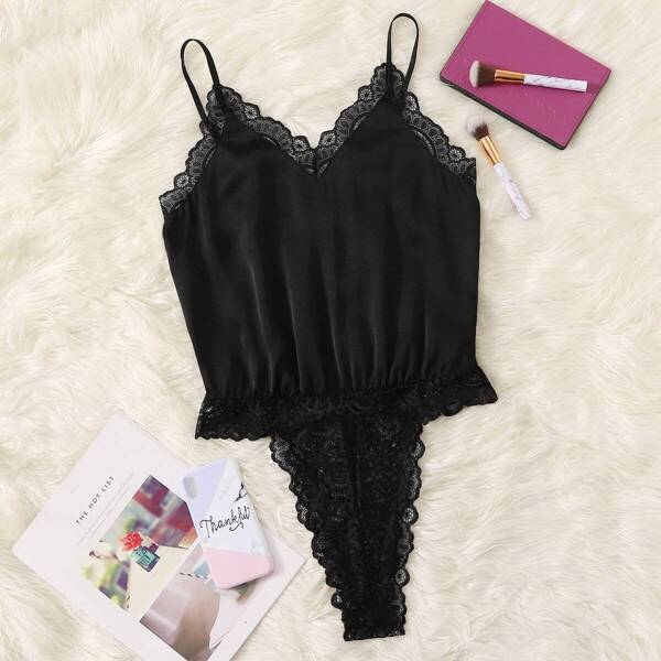 

Lace Trim and Panty Satin Cami Bodysuit