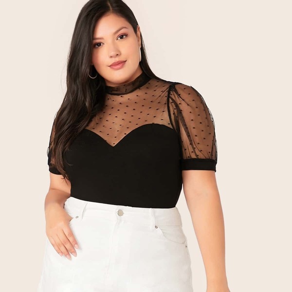

Plus Mock-Neck Dot Mesh Shoulder Fitted Bodysuit