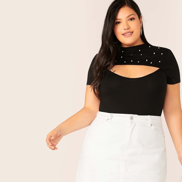 

Plus Pearl Embellished Cut-out Skinny Bodysuit