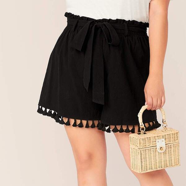 

Plus Paperbag Waist Fringe Hem Belted Shorts, Black