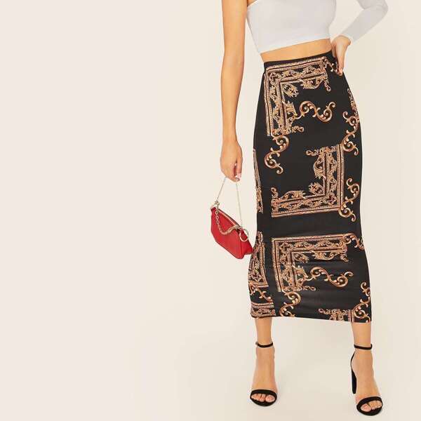 

Scarf Print Split Hem Pencil Skirt