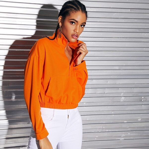 

Neon Orange Zipper Front Patch Pocket Sweatshirt, Orange bright