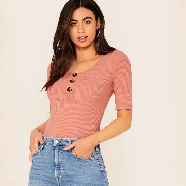 

Button Front Rib-knit Top