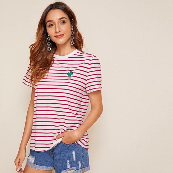 

Embroidered Detail Striped Tee, Multicolor