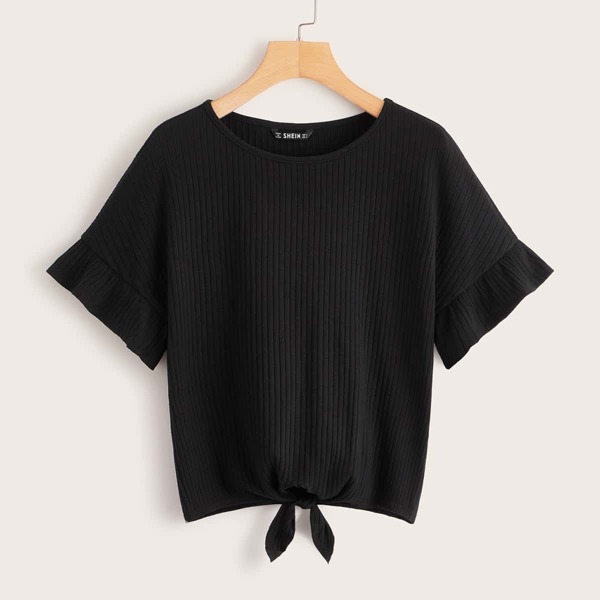 

Ruffle Cuff Rib-knit Tie Hem Top