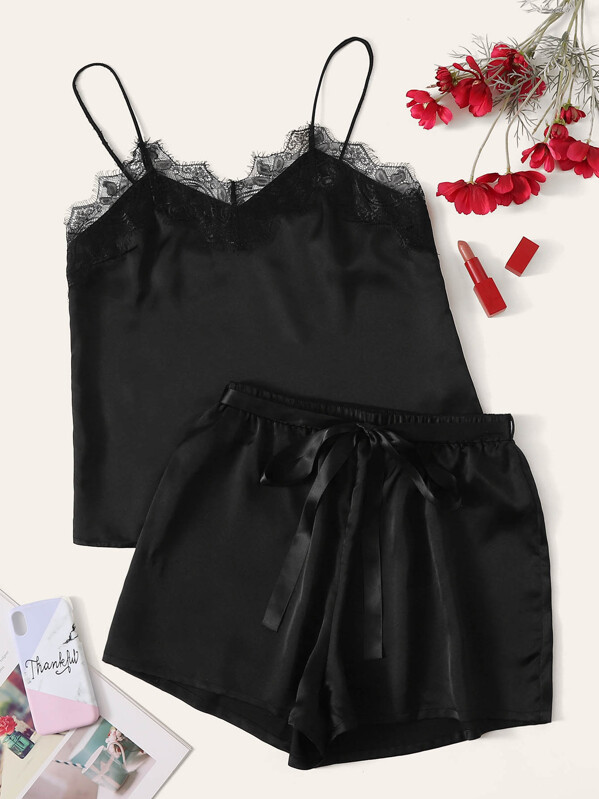 

Eyelash Lace Trim Satin Cami Top and Shorts PJ Set, Black