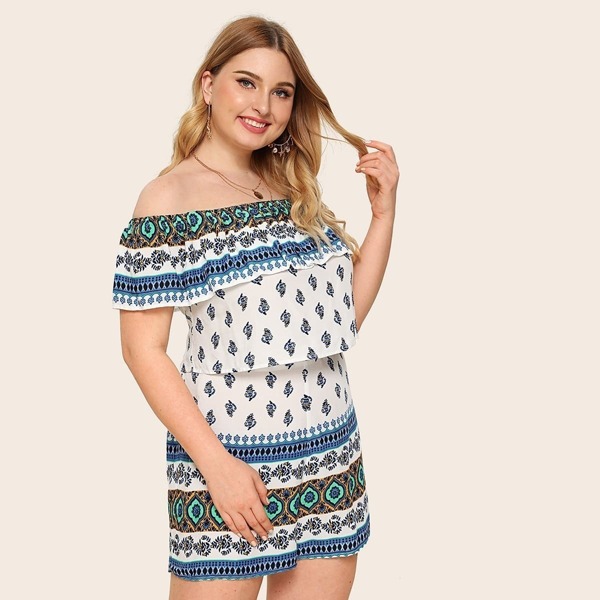 

Plus Off Shoulder Ruffle Foldover Top & Tribal Shorts Set, Multicolor