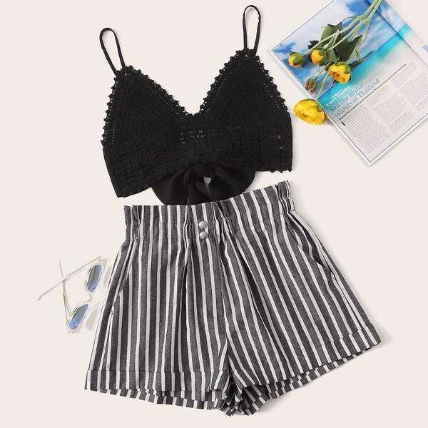 

Tie Back Crochet Cami Top & Striped Shorts Set, Multicolor