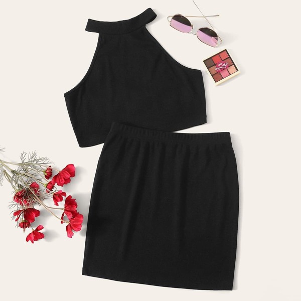 Solid Halter Top & Skirt Set