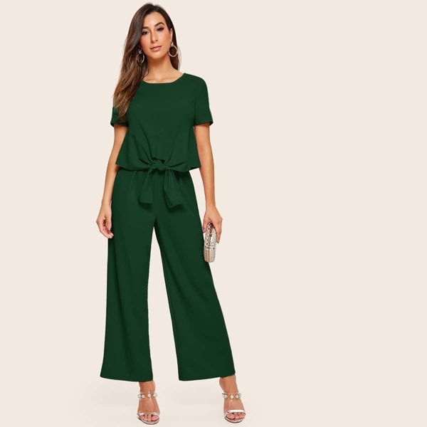 

Solid Knot Hem Top & Wide Leg Pants Set