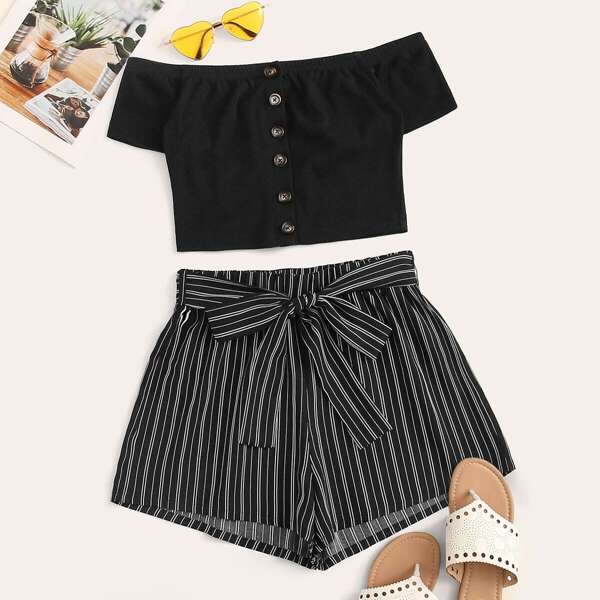 

Plus Button Front Bardot Top & Striped Belted Shorts Set, Black