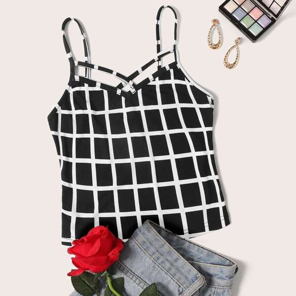 

Plus Grid Print Criss-cross Cami Top