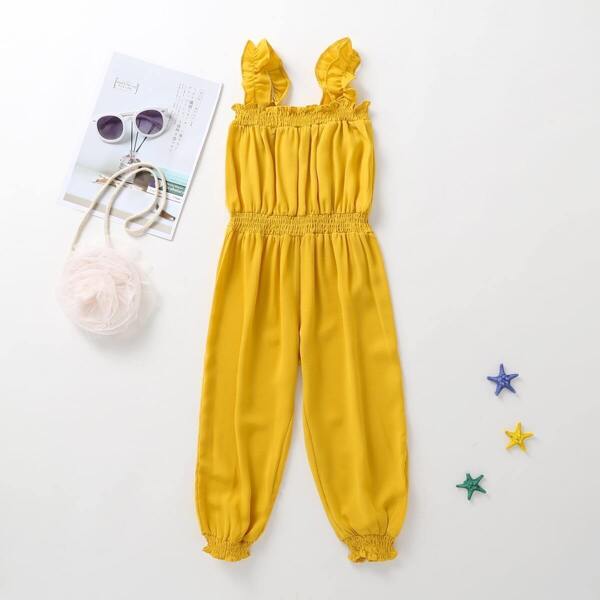 

Toddler Girls Solid Frill Trim Shirred Bloomer Jumpsuit, Yellow