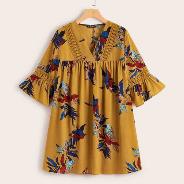 

Plant Print Lace Insert Flounce Sleeve Smock Dress
