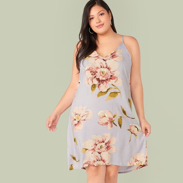 

Plus Double V-neck Floral Print Slip Dress, Multicolor