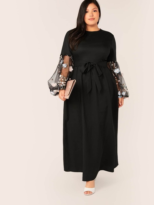 

Plus Embroidered Mesh Bishop Sleeve Belted Maxi Dress, Black, Vanessa Romo