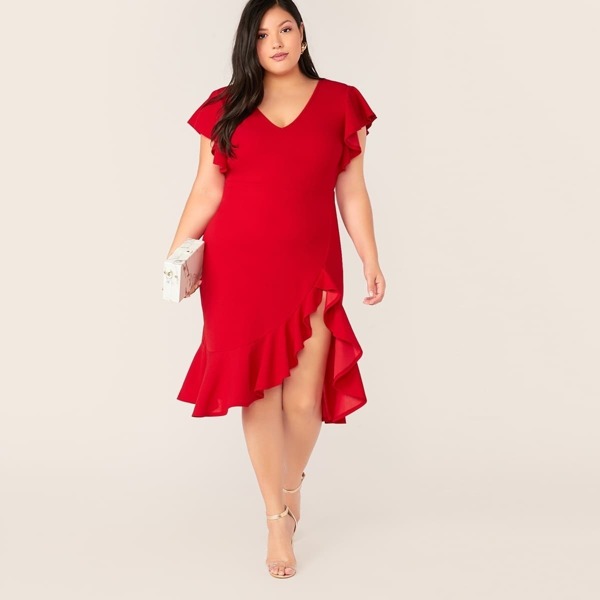 

Plus Butterfly Sleeve Asymmetrical Ruffle Hem Dress, Red bright