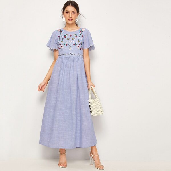 

Striped Embroidered Flower Flutter Sleeve Dress, Blue