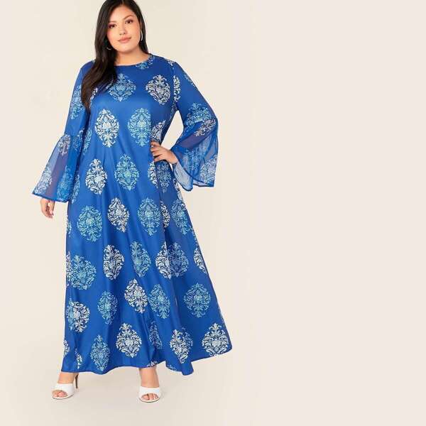 

Plus Flounce Sleeve Tribal Print Swing Dress, Blue