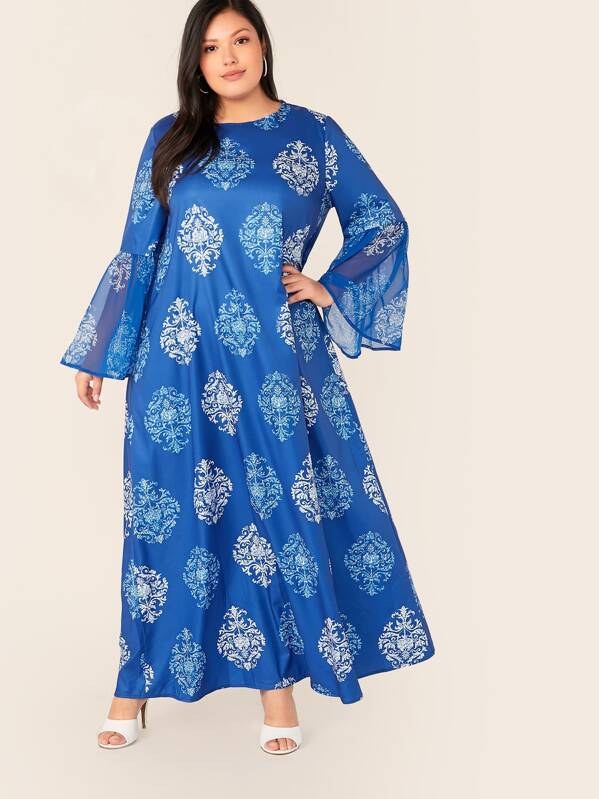 

Plus Flounce Sleeve Tribal Print Swing Dress, Blue, Vanessa Romo
