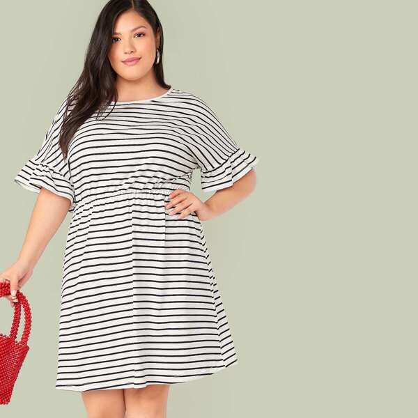

Plus Striped Print Flounce Sleeve Dress