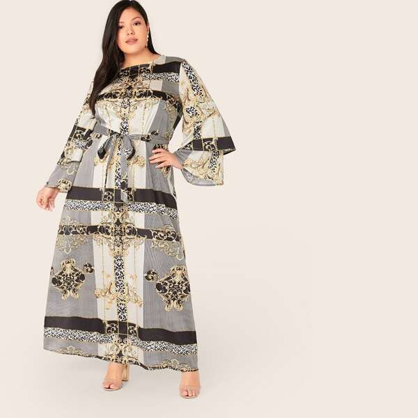 

Plus Scarf Print Bell Sleeve Belted Dress, Multicolor