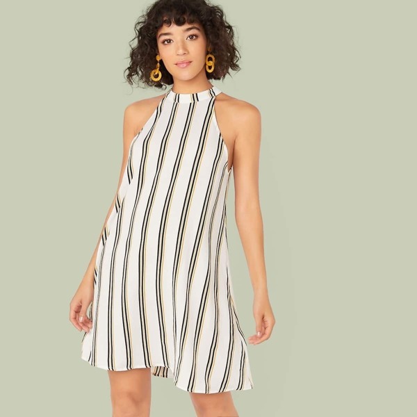 

Cutout Tie Back Striped Halter Swing Dress