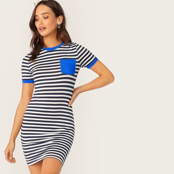 

Striped Pocket Patch Bodycon Ringer Tee Dress