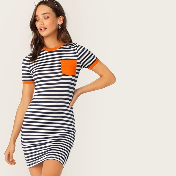 

Striped Pocket Patch Bodycon Ringer Tee Dress