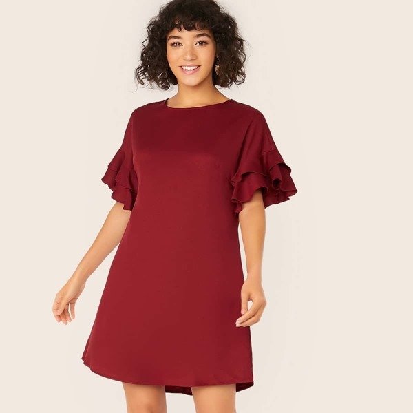

Double Layer Flounce Sleeve Solid Dress